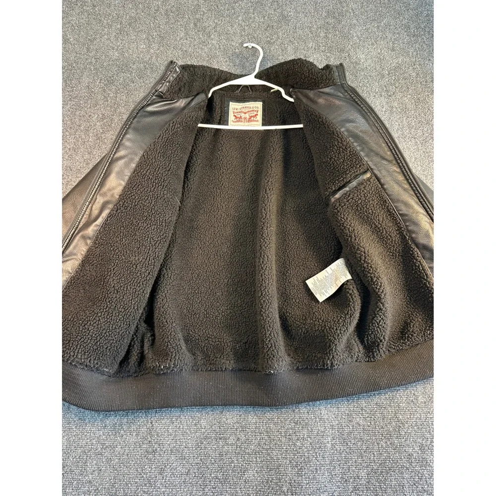 Levis Mens Black Faux Leather Sherpa Lined Bomber Jacket Medium Utility Moto